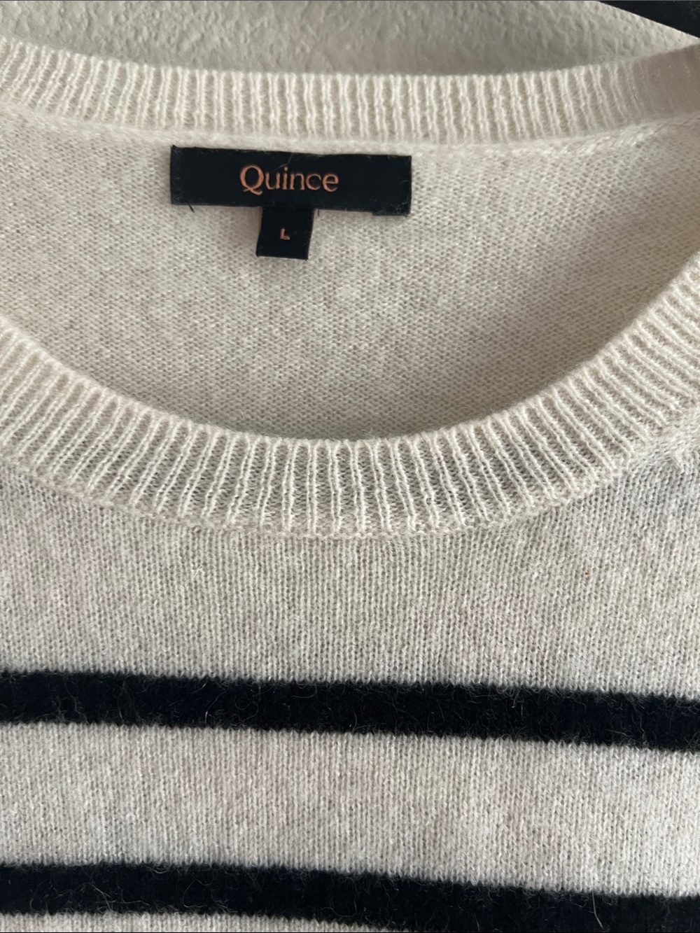 Quince 100% Mongolian Cashmere Crewneck Sweater Ivory Black Stripe Women’s L - Picture 3 of 7